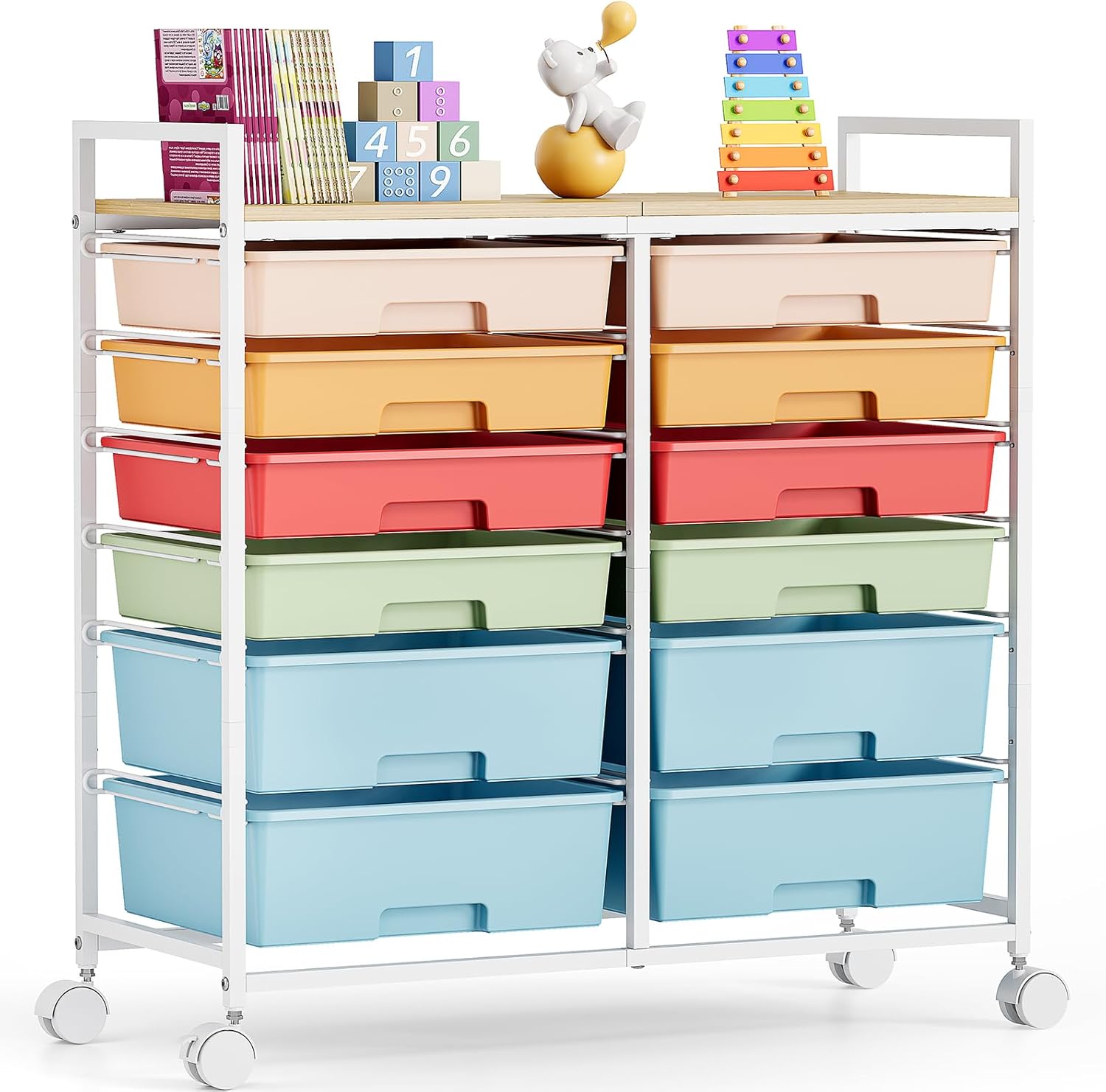 Art Craft Rainbow - Rollbarer Aufbewahrungswagen mit 12 Schubladen, Holztisch-Organizer