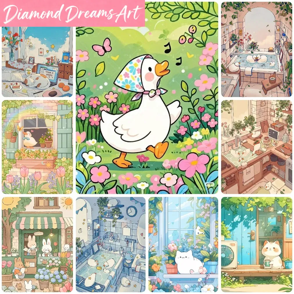 Art Craft Duck - Rahmenlose, niedliche Cartoon-Tier-Diamantmalerei, verspielte Enten, Katzen